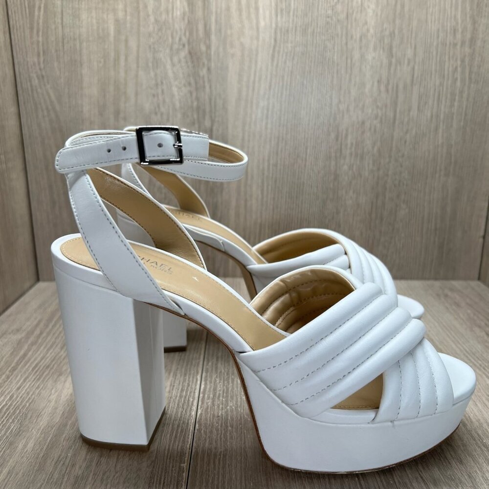 Michael Kors Royce Quilted Leather Platform Sandal Womens 8.5M Cross Strap White - Picture 3 of 15